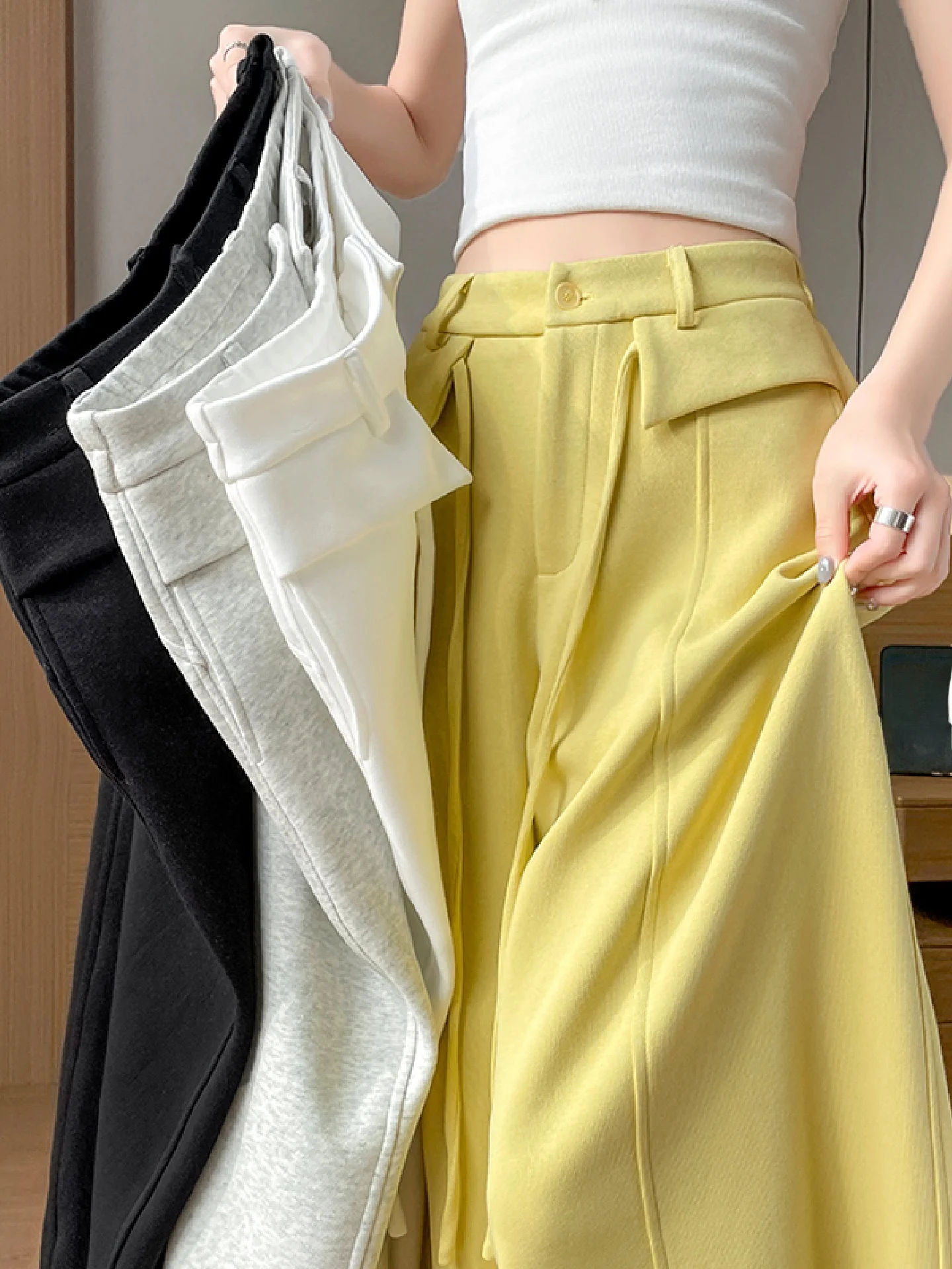 

Yellow Two-Way Casual Sports Knife- Sweatpants Women's High-Waist Slim Straight Leg Wide Leg Drapey Floor-Length Pants