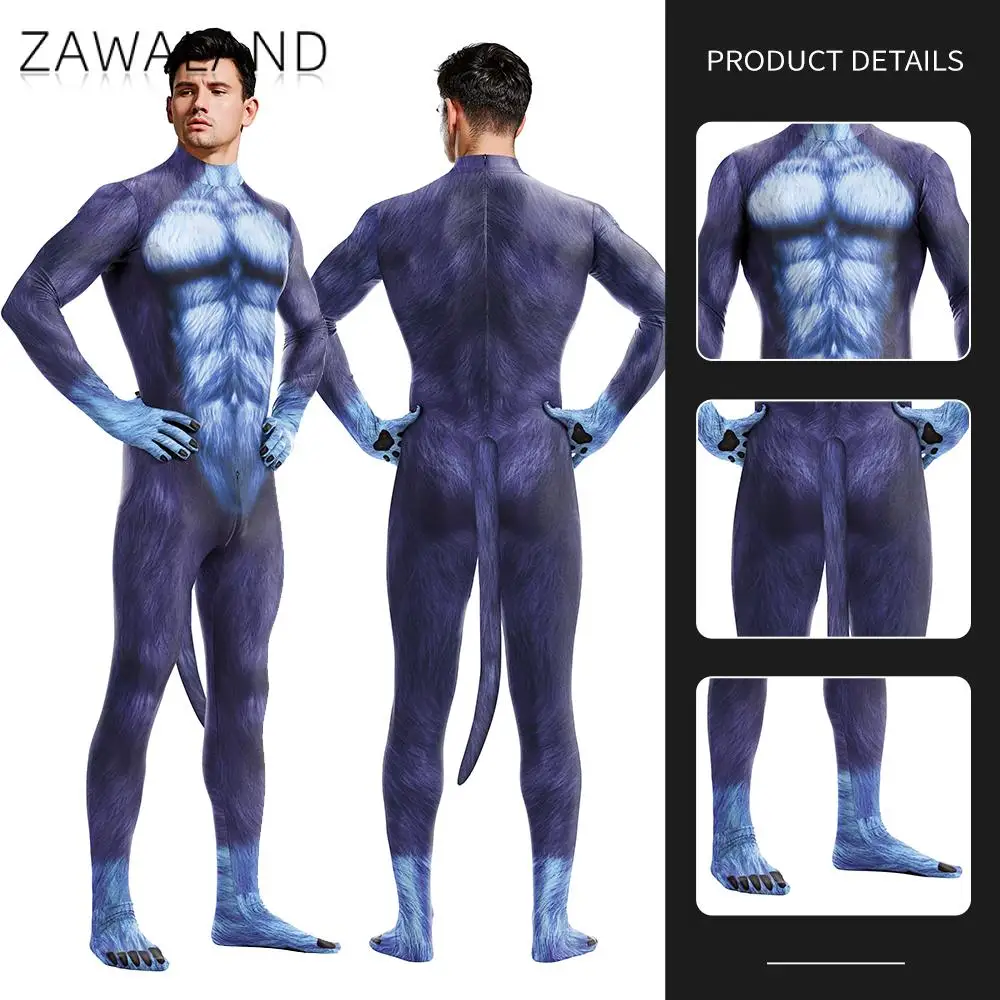 Zawaland Dog Cosplay Traje para homens, filhote azul, roupas de festa, macacão com zíper virilha, terno zentai carnaval