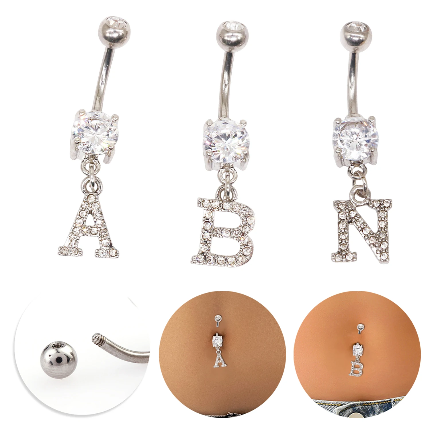 A B N Initial Letter Belly Button Nail Bar Barbell Drop Dangle Navel Rings Piercing Women Men Body Jewelry Sexy for Women