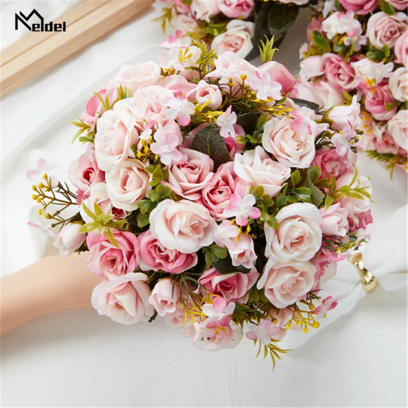 Pink Wedding Bouquet Bride Bridesmaid Holding Flowers Silk Ribbon Roses Artificial Flower Mariage Bouquet Wedding Accessories