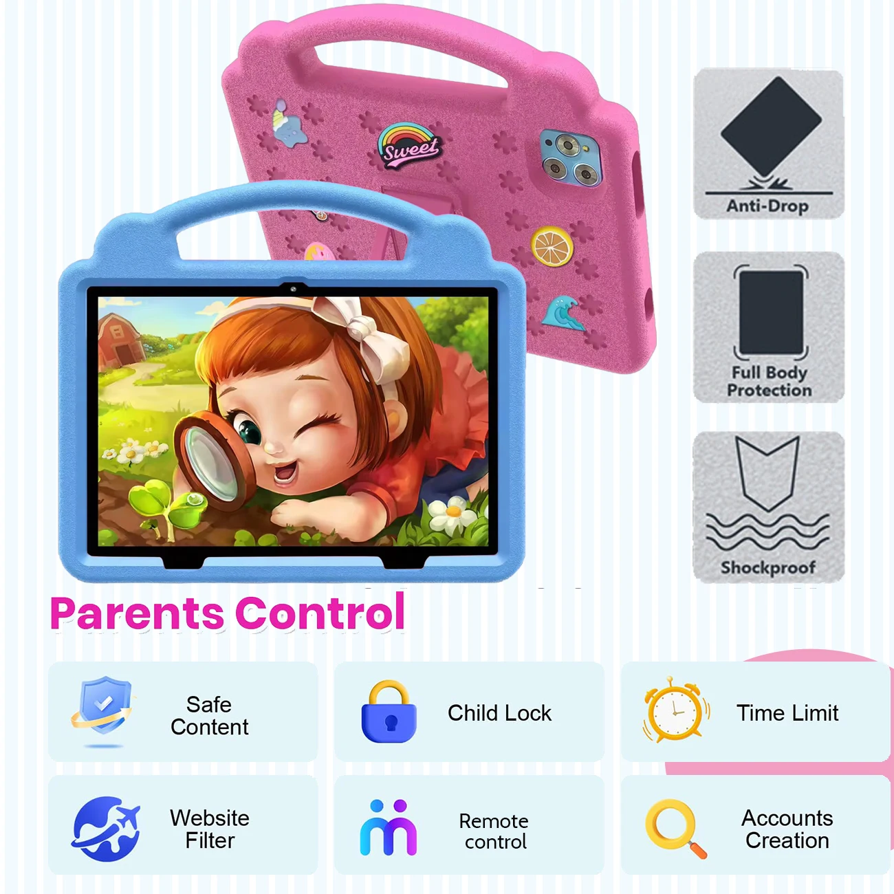 10.1inch Kids Tablet Kids-Proof Case WiFi Google Learning Education Learning Toy 64GB Tablet Android 12 Children PC 4000mAh