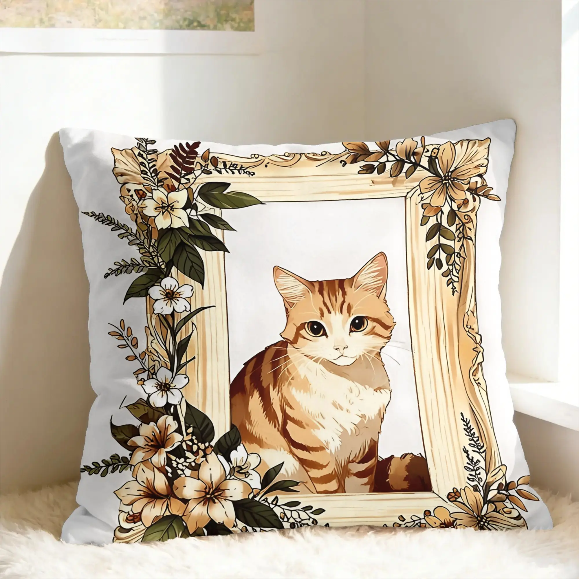 Cute Caroon Cat Portrait Photo Frame Art Pillow Cover  Design Cushion Cover Vintage Pillow Case For Couch Sofa Bedroom