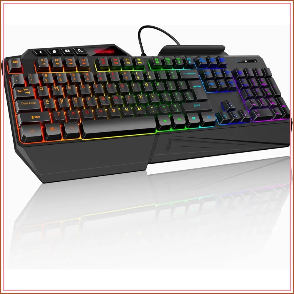 Wired RGB Gaming Keyboard - 26-Key Anti-Ghosting, 13 Lighting Modes, Spill-Resistant, 108 Keys, Ergonomic Wrist Rest & Phone Holder for Windows/Mac
