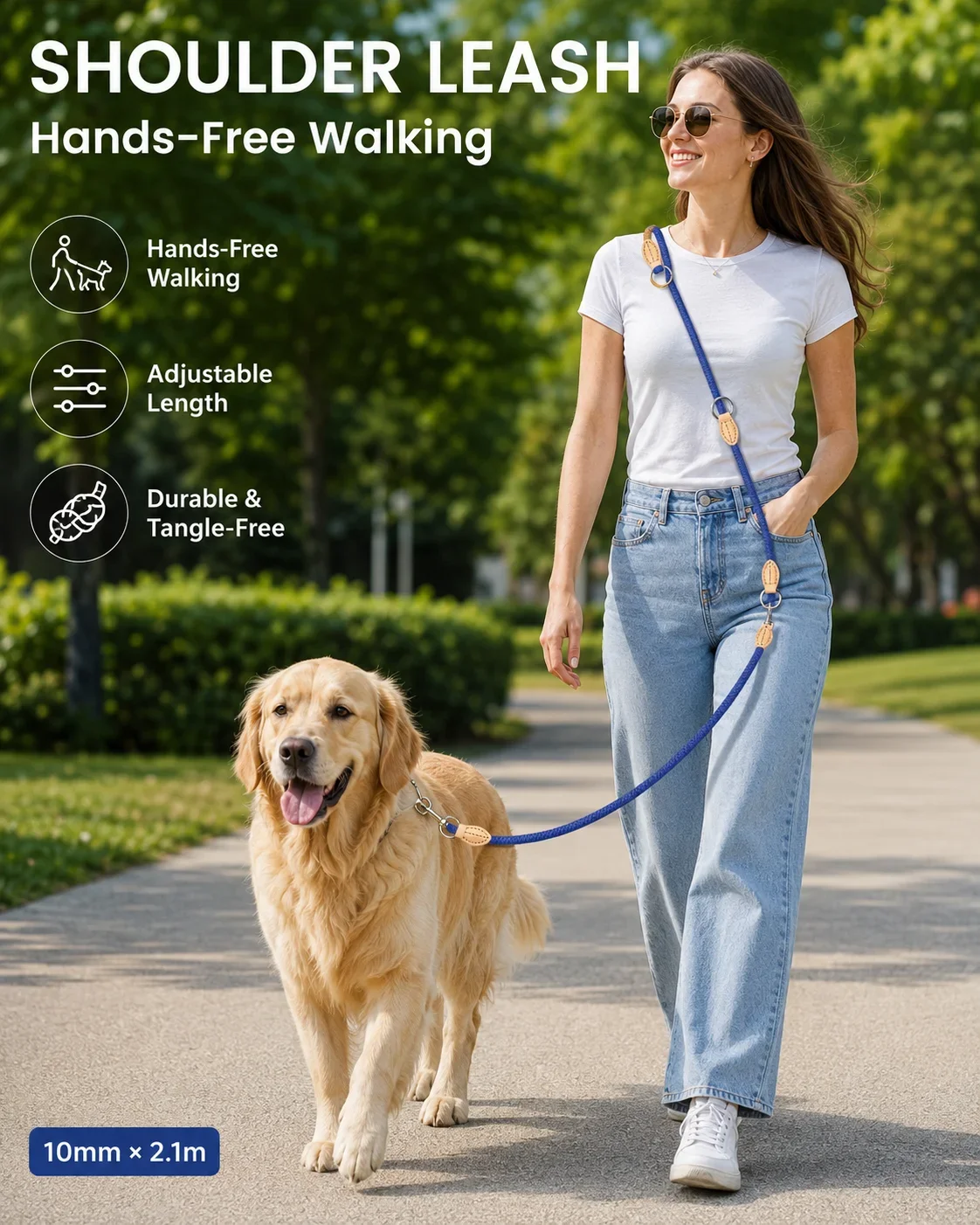 Multi-Function Double-End Dog Leash, Genuine Leather Adjustable Size, Crossbody Dog Walking Rope