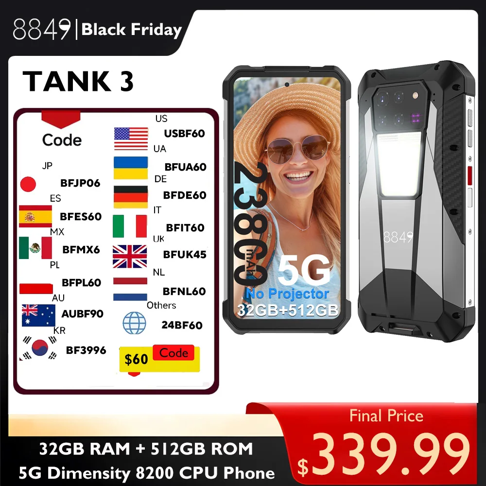 8849 Tank 3 Dimensity 8200 5G Rugged Smartphone 32GB 512GB 23800mAh 120W 200MP 120Hz Camping Light Wifi 6 GPS Dual SIM Phone