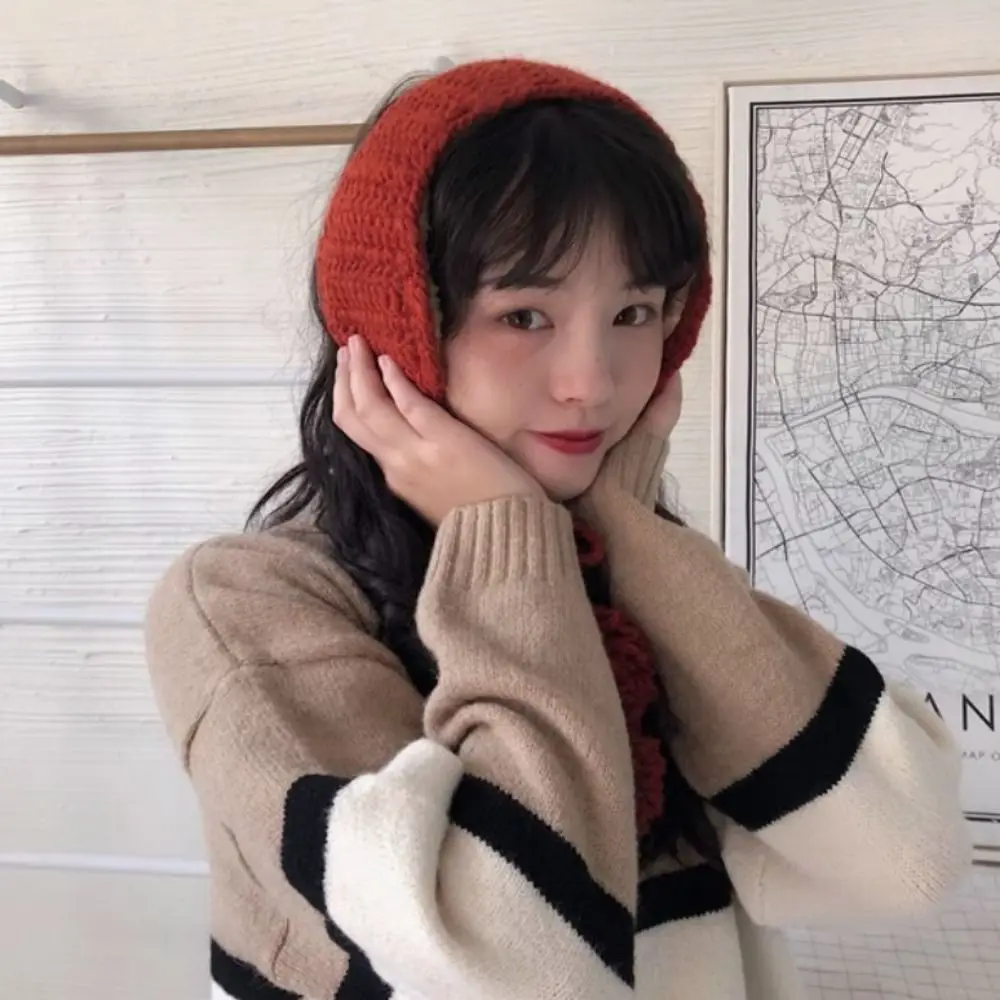 Handmade Korean Style Y2k Plush Earmuffs Solid Color Thicken JK Knitted Earflap Soft Warm Skiing Winter Ear Cover Girl