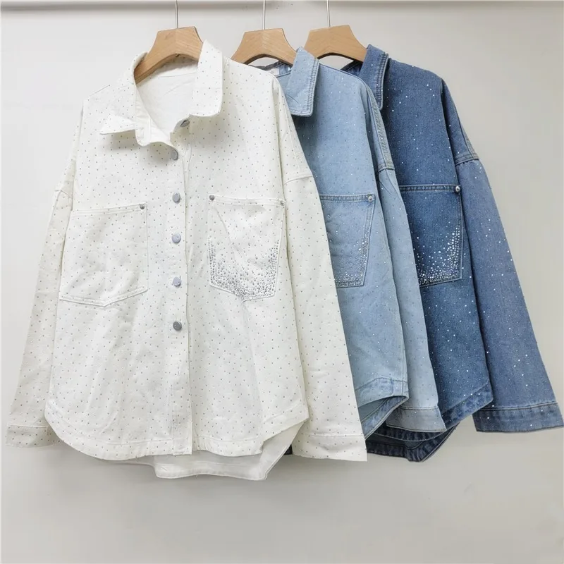 DEAT Women's Denim Shirts Full Diamonds Design Causal Washed Loose Single Breasted Blouse Spring 2025 New Fashion 29L9405