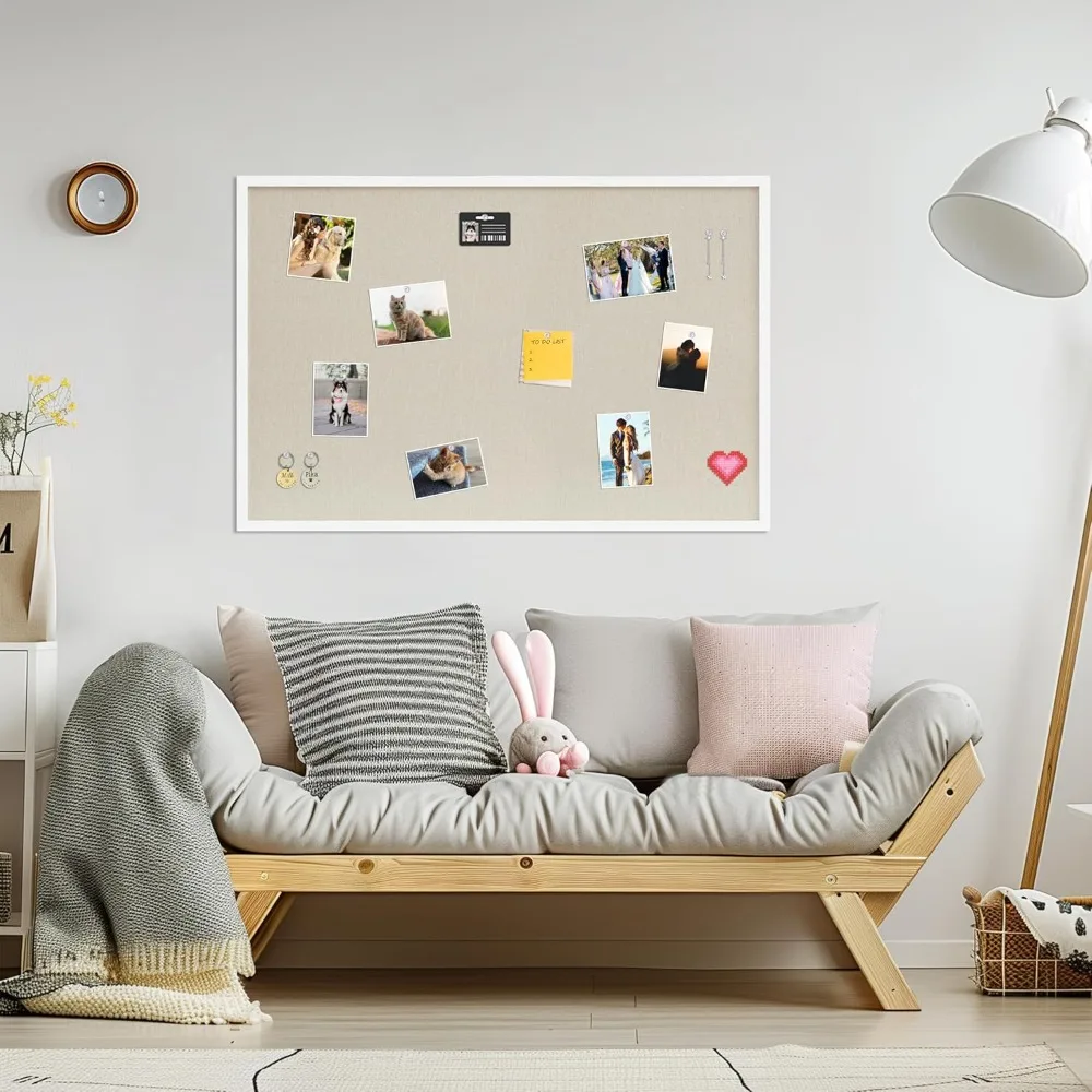 Tablica ogłoszeń z białego lnu i korku 91x61 cm - Tablica do biura, domu, szkoły, tablica do pisania wiadomości z haczykami i pinezkami