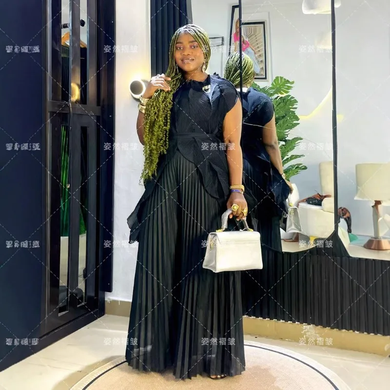 

Комплект плиссированных брюк Miyake, осень 2023, новинка 202, женский однотонный костюм больших размеров, свободные широкие брюки для поездок на работу, комплект из двух предметов