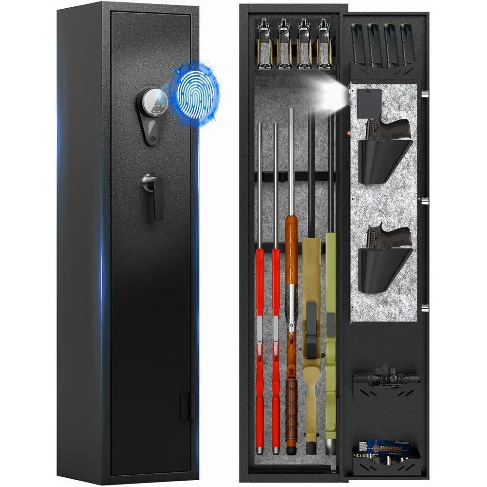 

Biometric Safe for Long Guns, Pistols, and Shotguns with Digital Keypad, Removable Racks, and Adjustable Shelves - Ready to Use