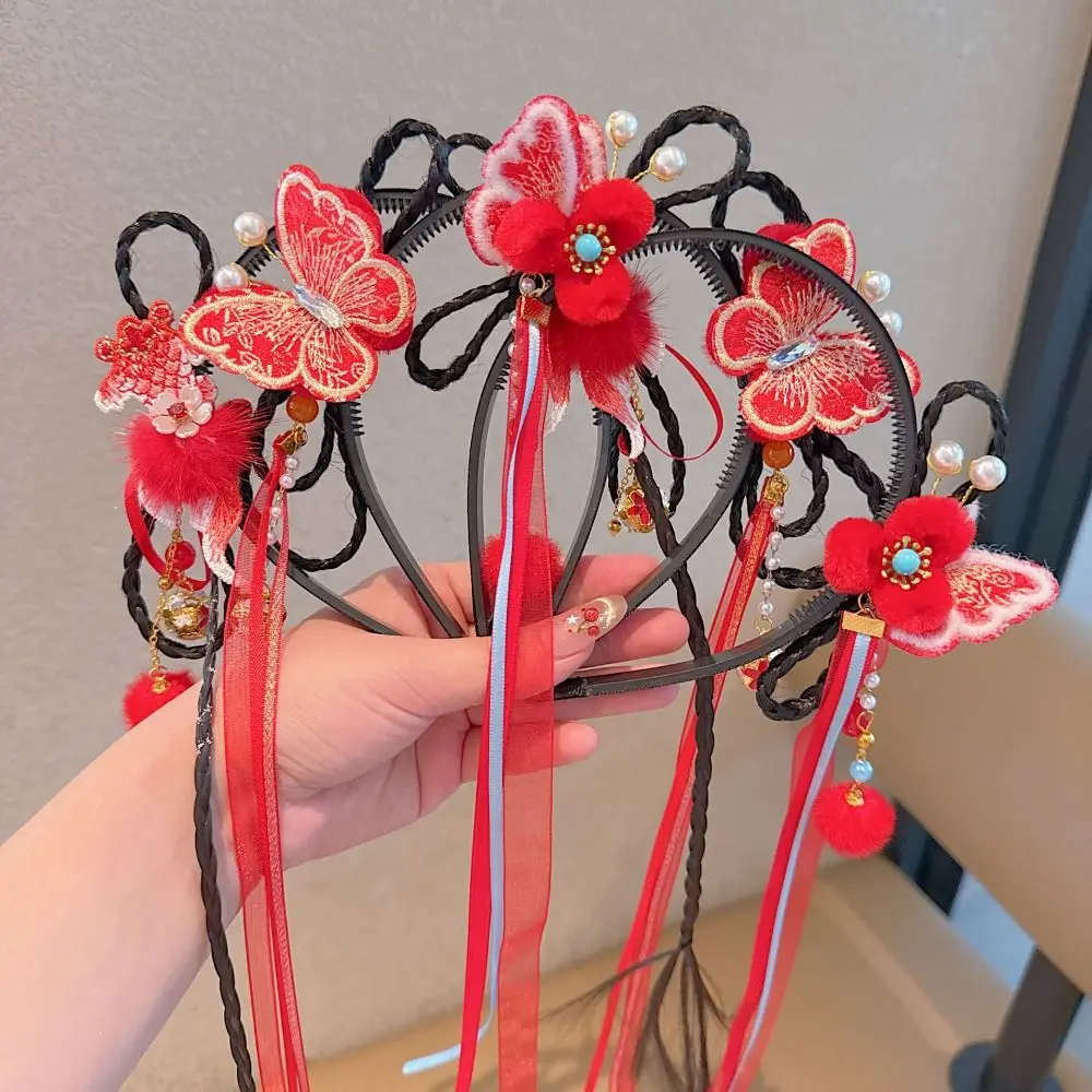 جميل زهرة الأطفال شعر مستعار عقال شرابة كوي الأسماك Hanfu أغطية الرأس جديلة الشعر فراشة السنة الصينية الجديدة أغطية الرأس يوميا