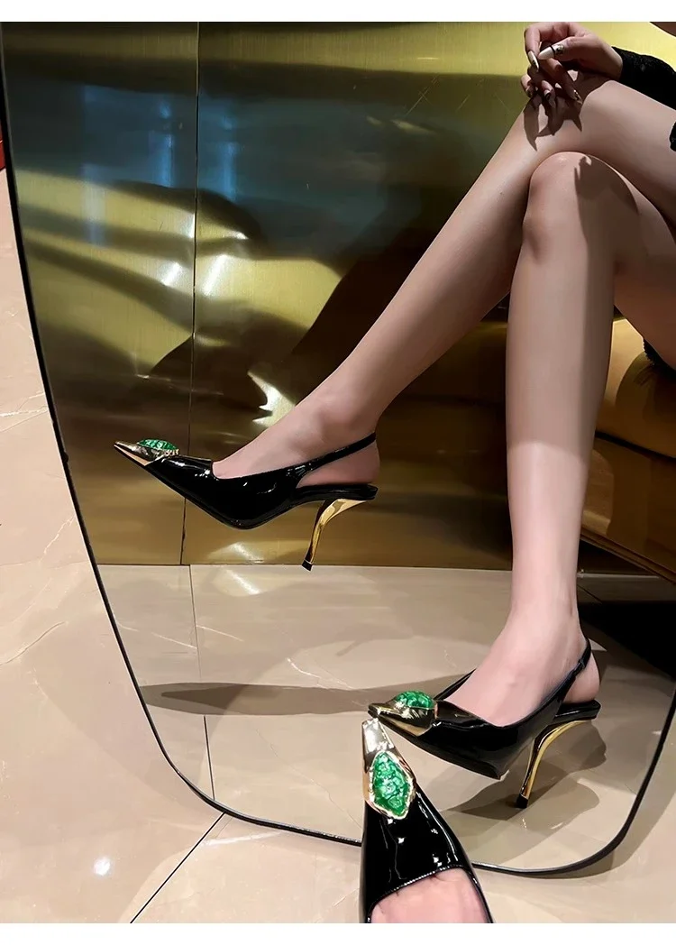 Star style Gemstone Metal Toe Patent Leather Women Pumps Fashion Stiletto High heels Spring Autumn Slingbacks Party Dress Shoes