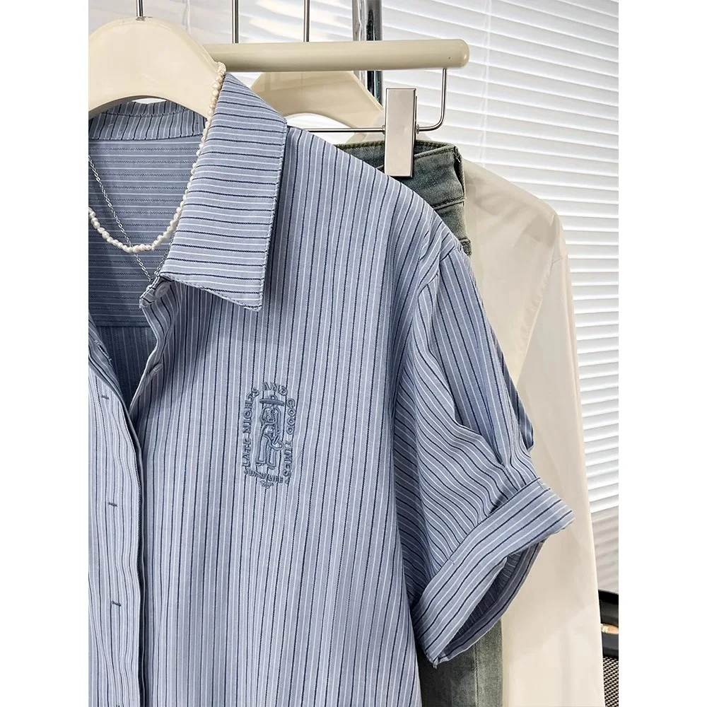  de manga corta bordado a rayas azules para mujer, Top informal hoado con anchura de hombros, longitud Regular, fibra d...