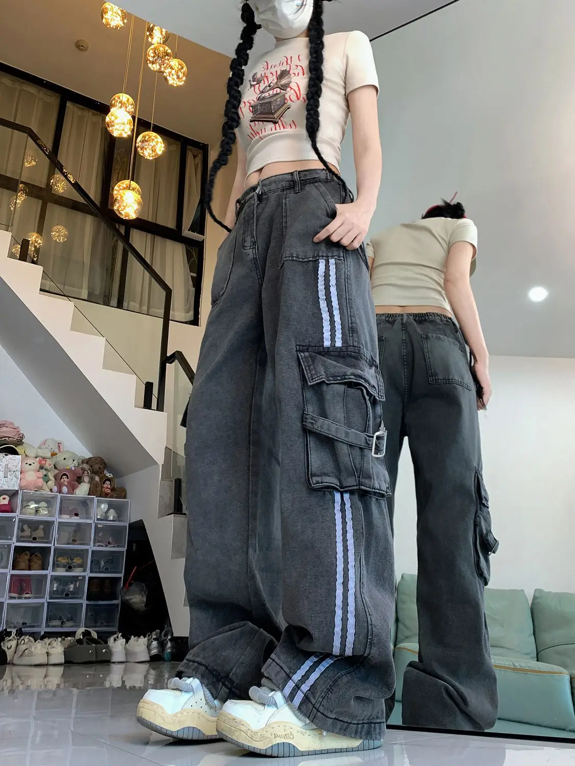 Overalls mehrere Taschen Frauen blau baggy Vintage hohe Taille Cowboy hose Harajuku Jeans hose y2k