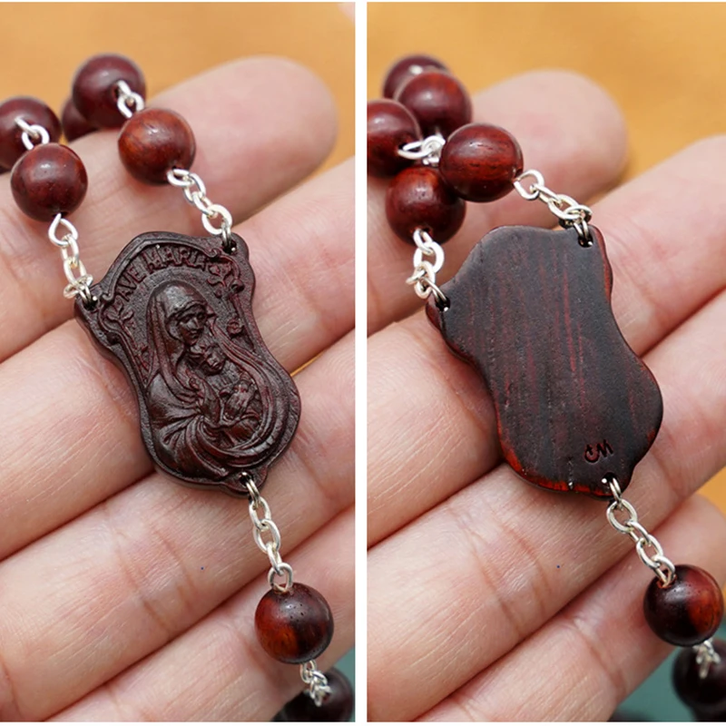 8mm Hail Mary Chain Rosewood Rosary Wooden Beads Religious Prayer Necklace Cross Best Gift for Family Friends