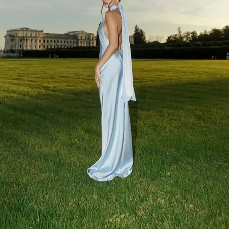 Vestidos largos sexis con cuello Halter y espalda descubierta para mujer, vestidos ajustados de satén liso para primavera, vestido de noche de verano sin mangas, vestido bohemio hueco