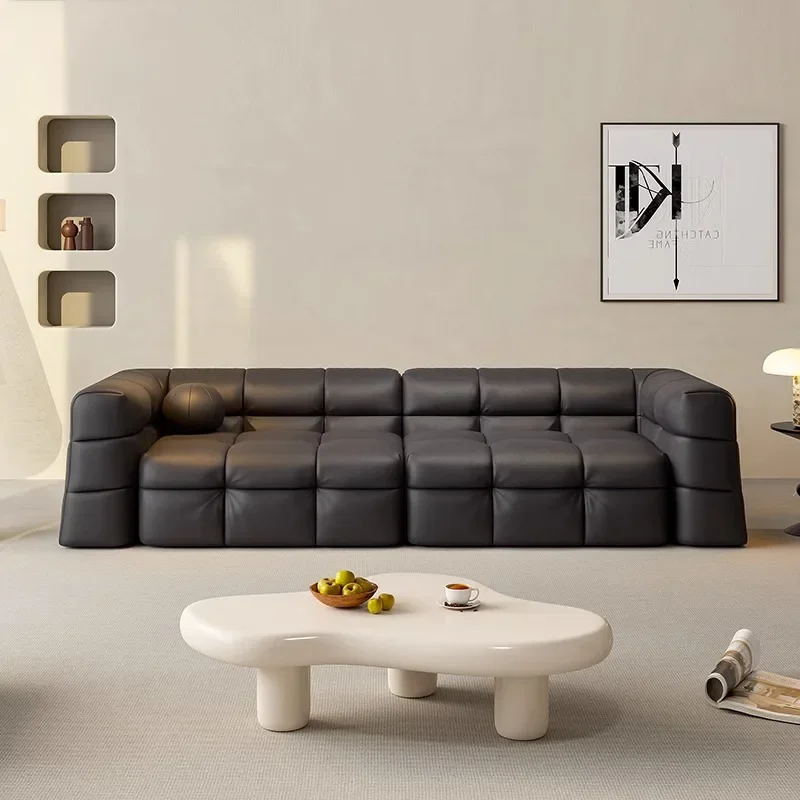 أريكة فنية من الجلد الإيطالي البسيط من مارشميلو، أريكة منزلية من الطبقة الأولى من الجلد باللون الأسود #2