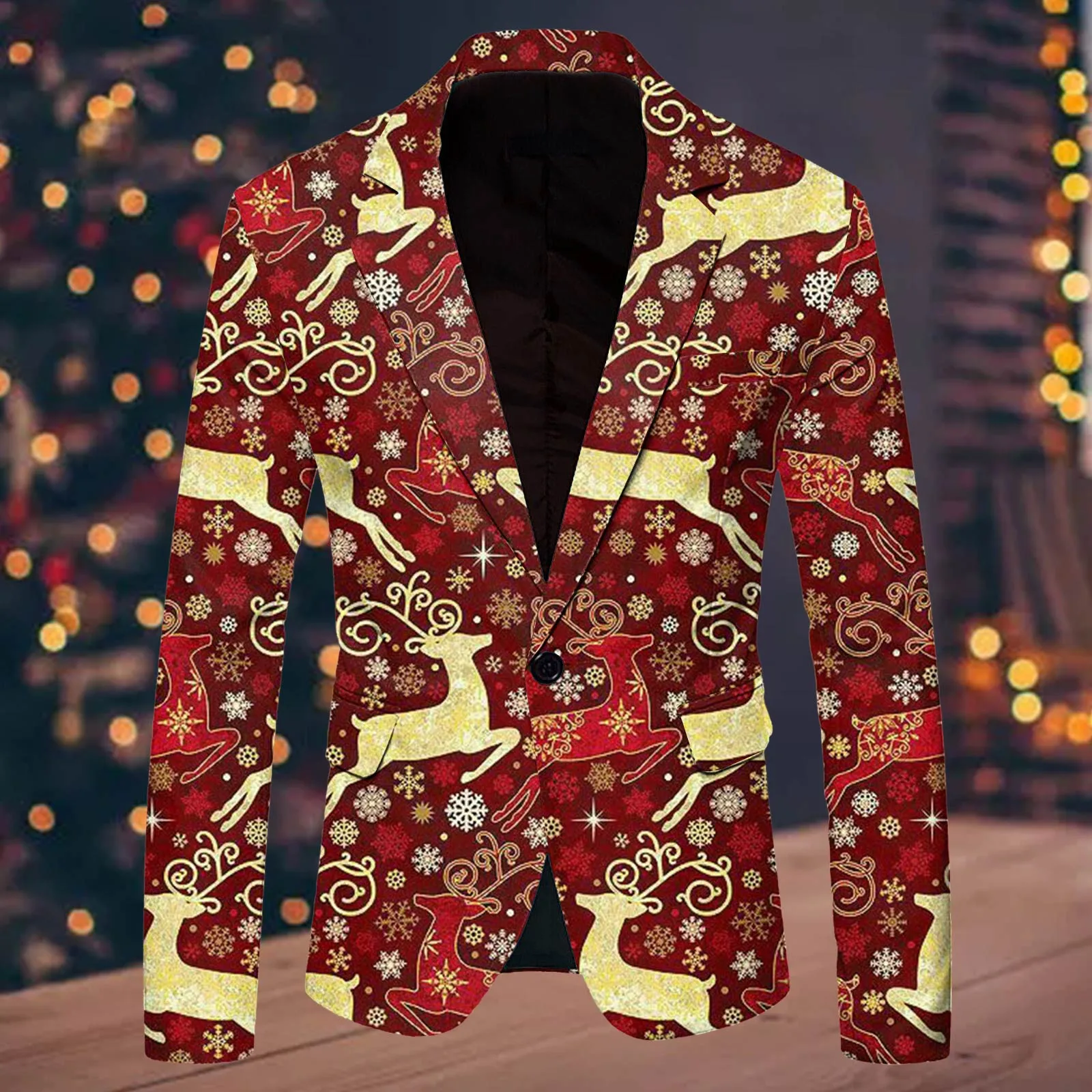 Christmas Elk Snowflake Men\'s Blazer Jackets Long Sleeve Lapel One Button Slim Formal Party Suits Coats Plus Size Male Clothing