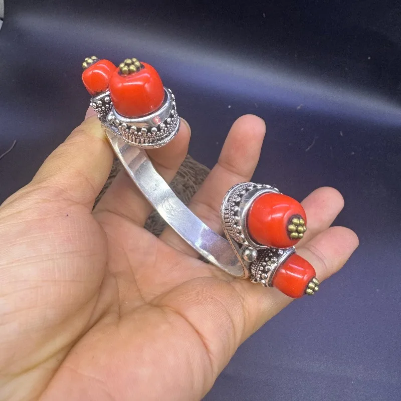 Retro Tibetan Silver Open Bangle, Handmade Inlaid Coral Gemstone, Ethnic Style Bracelet Unisex Jewelry