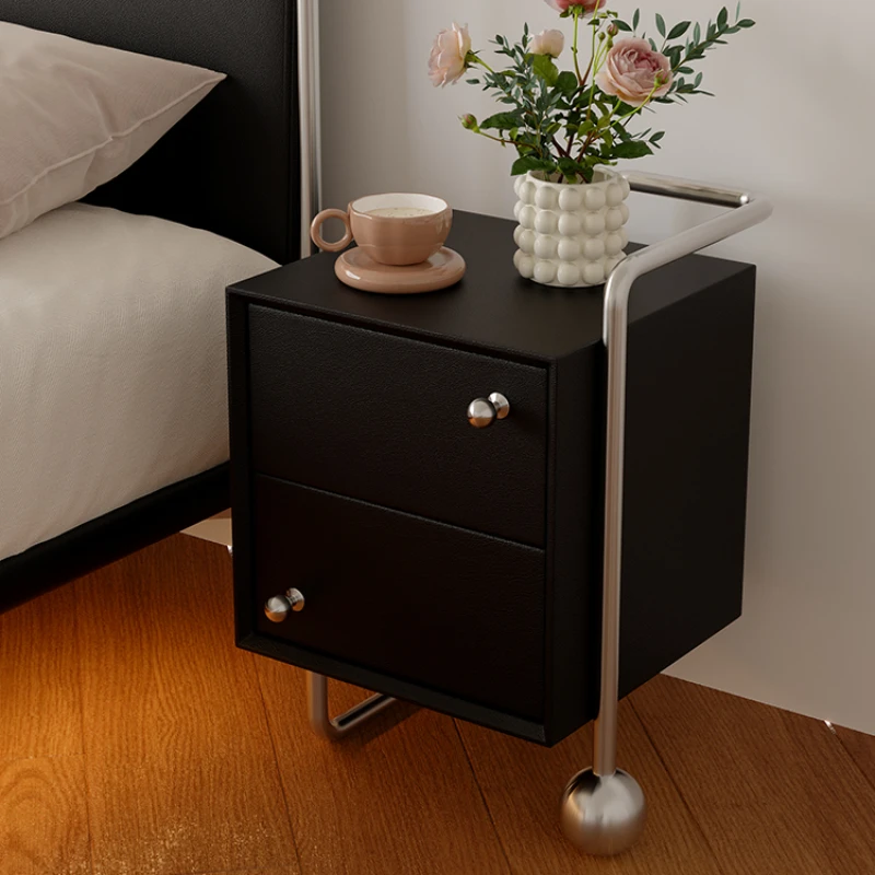 

Italian PU Leather Wood Minimalist Bedside Table Stainless Steel Storage Cabinet Nightstands Mesa De Cabeceira Furniture HYNS