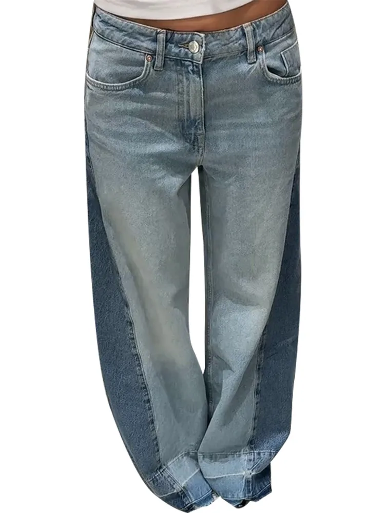 Chic Women's Side Patchwork Denim Jeans Pant High Waist Wide Leg Baggy Pants For Woman 2025 New Casual Daily Streetwear Trousers