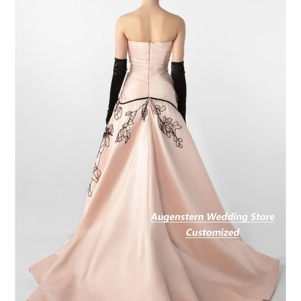 Customized Blush Satin Strapless A-Line Mother Of The Bride Gown Ruched Bodice Sequin Floral Embroidery Long Train Formal Gown