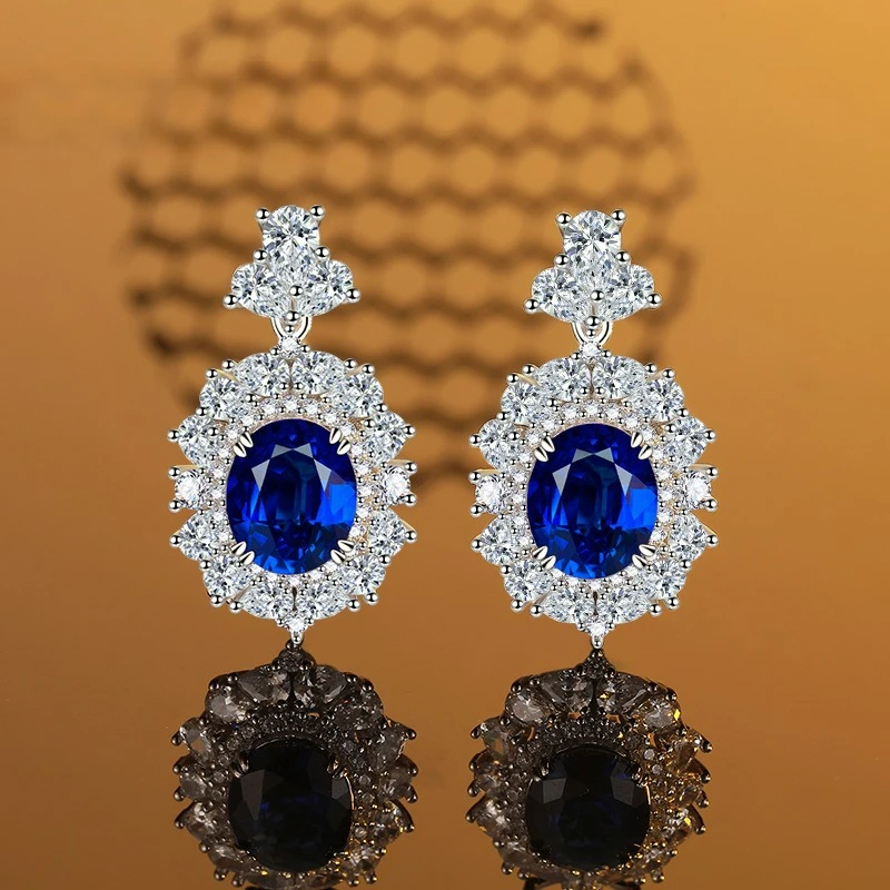 

European and American Fashion Luxury PT950 Platinum Artificially Cultivated Gemstone Ruby Sapphire Earrings Full of Diamonds