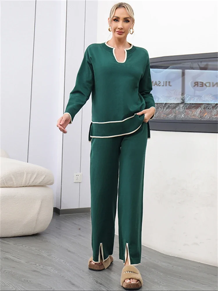 Women Sweater Winter 2 Piece Sets Elegnat Knitted Suits Female Sweaters Vintage Womens Pants High Waist Autumn Vintage Vestidos