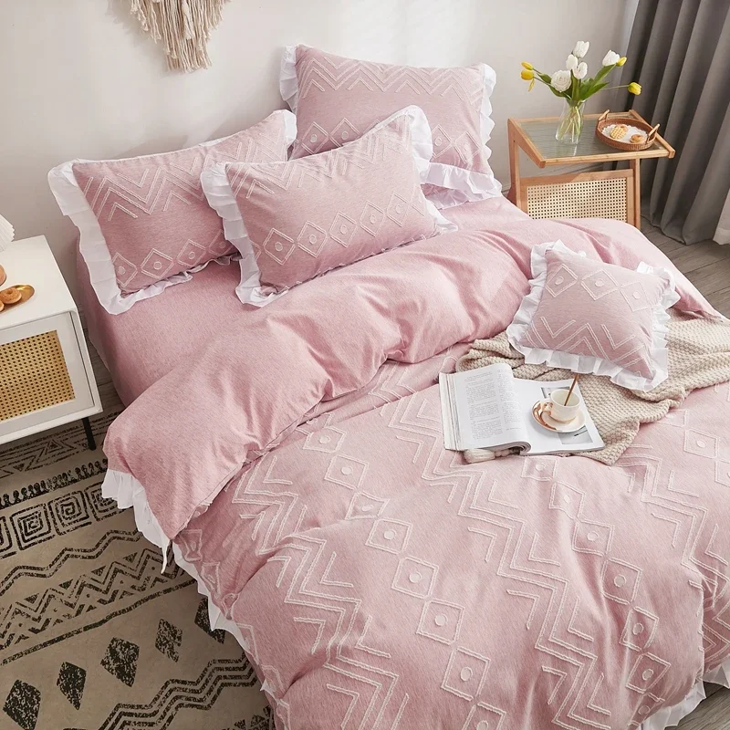 Korean Princess Style Duvet Cover Set Romantic Flower Cutting Ruffle Edge Bedding Set Soft Skin-friendly Breathable Quilt Cover