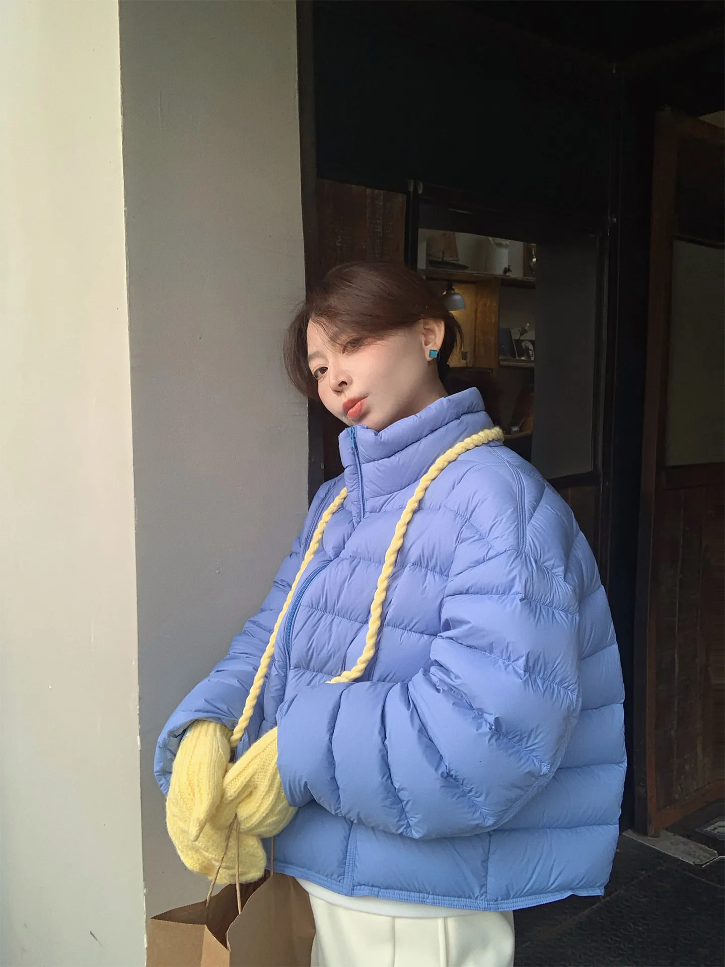 

Lightweight Warm White Du down Puffer Jaet ort Bread Sle Women's Coat Stand Collar Casual Thiened Warm Outerwear