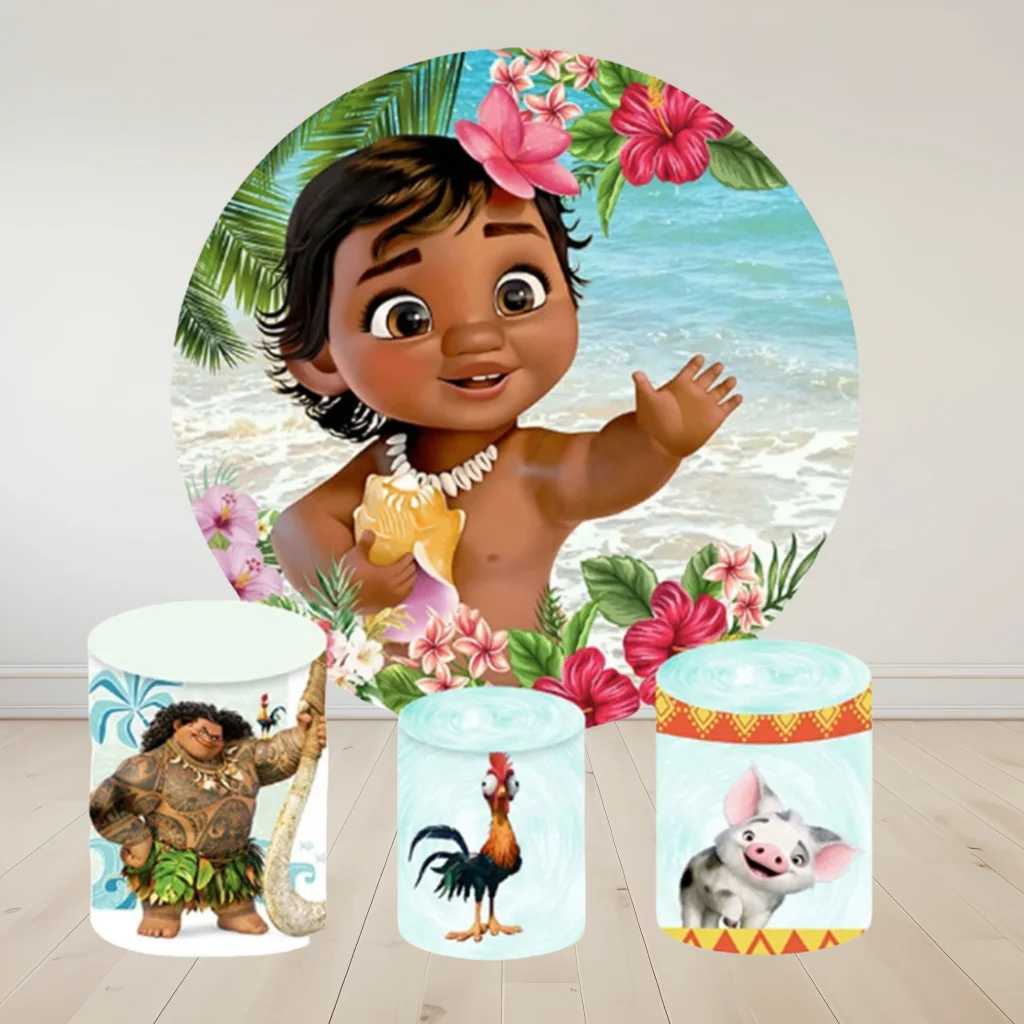 

Hasbro Baby Moana Maui Cover Round Cartoon Backdrop Shower Birthday Party Decoration Plinth Photo Booth Photography Background