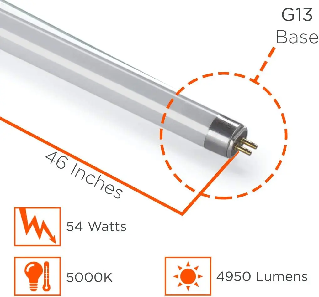 GoodbBulb T5 형광등 전구, 5000K 일광 백색광, 중간 바이 핀 베이스, 4950 루멘, 40 개 전구 팩, 54W, 46 인치