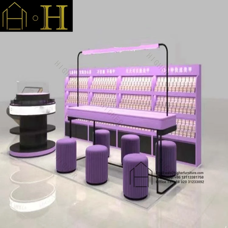 Modern Style Nail Kiosk Showcase Display Stand with LED Lighting MDF Tables and Tempered Glass