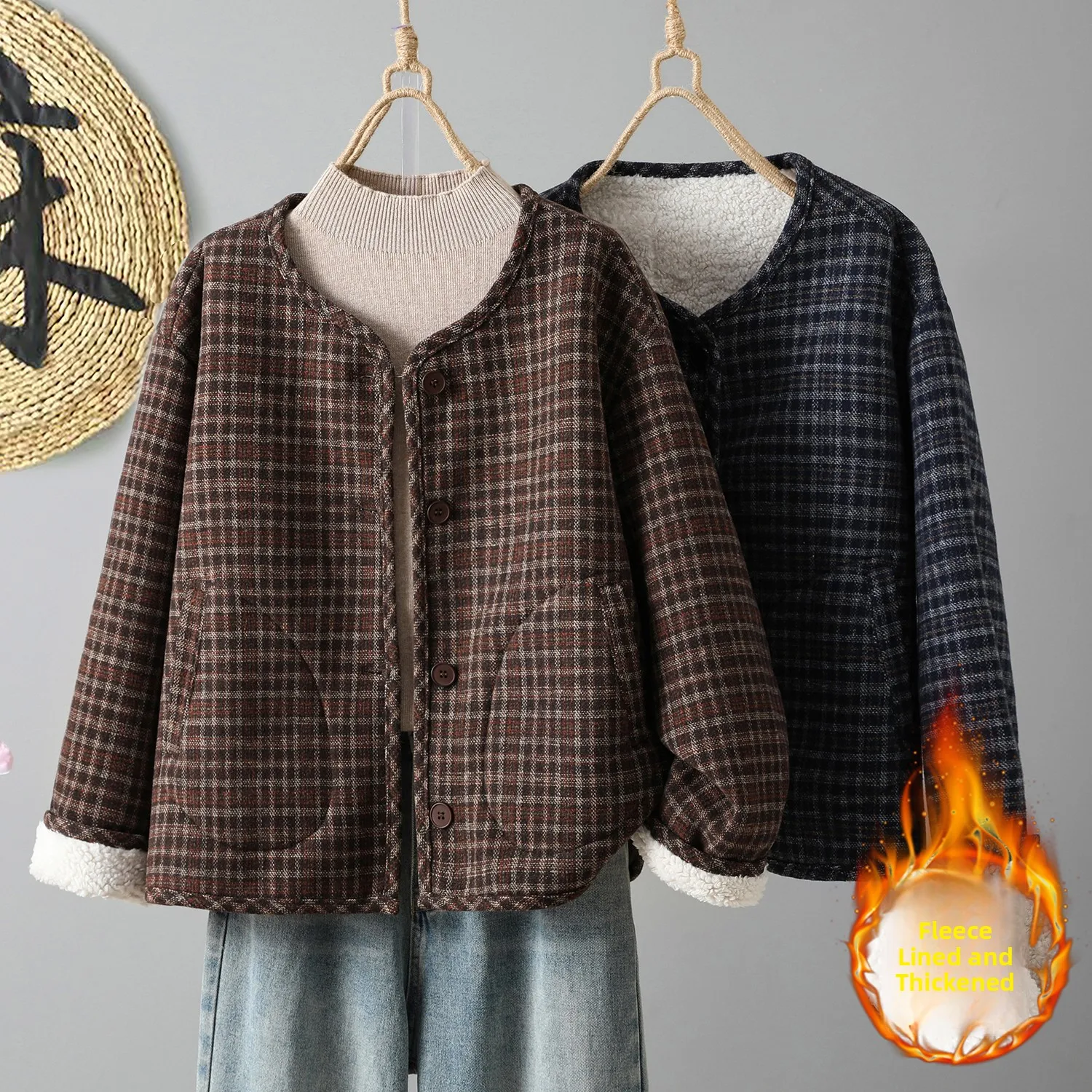 

Winter Faion Thiened Plaid Woolen Warm Cotton Jaet Fce Lined ort Sle Single Button Ladies Little Cotton Coat