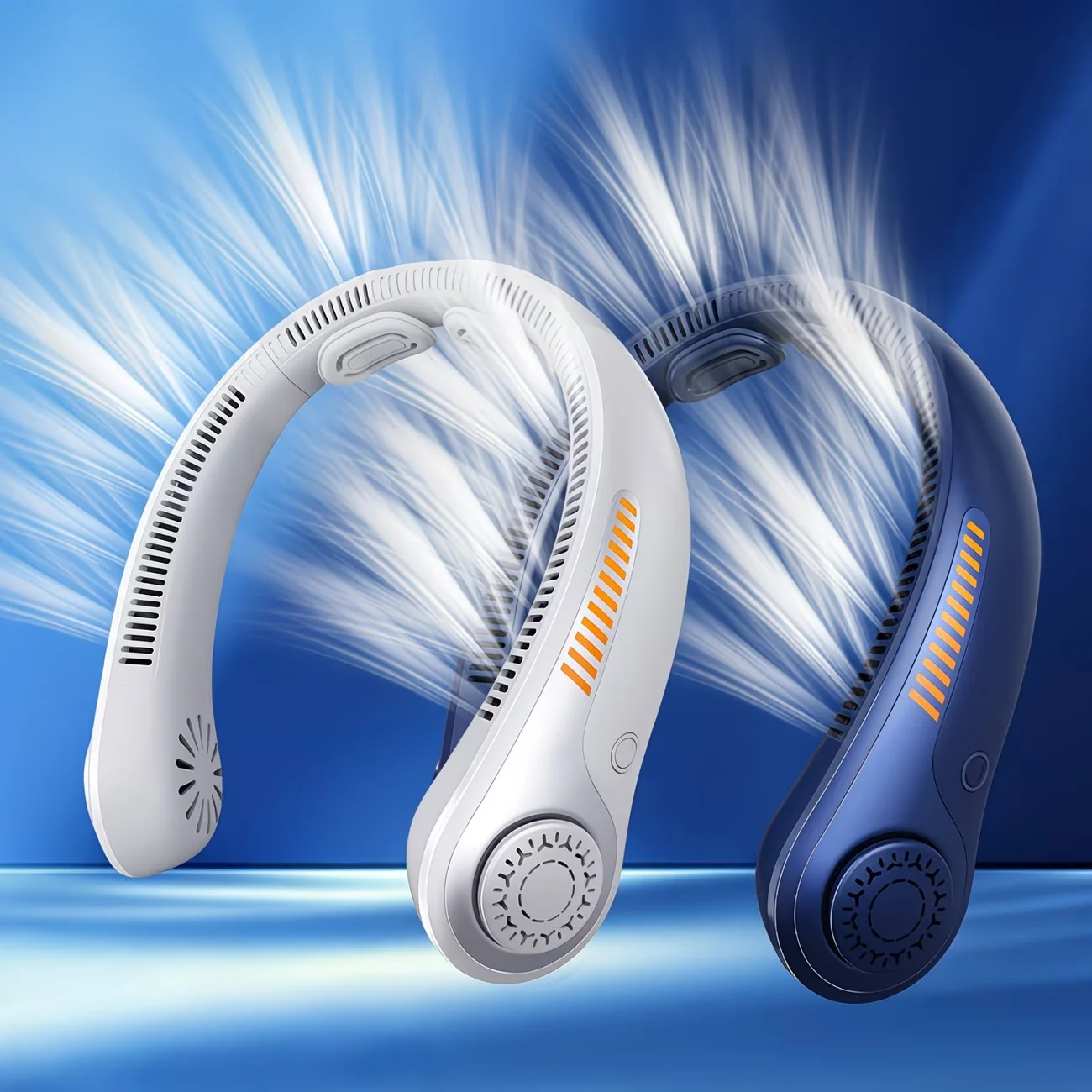 

2PCS Portable neck fan with 5-speed silent bladeless design, long-lasting USB rechargeable cooling device—essential for indoor and outdoor office work, reading, sports, and leisure.