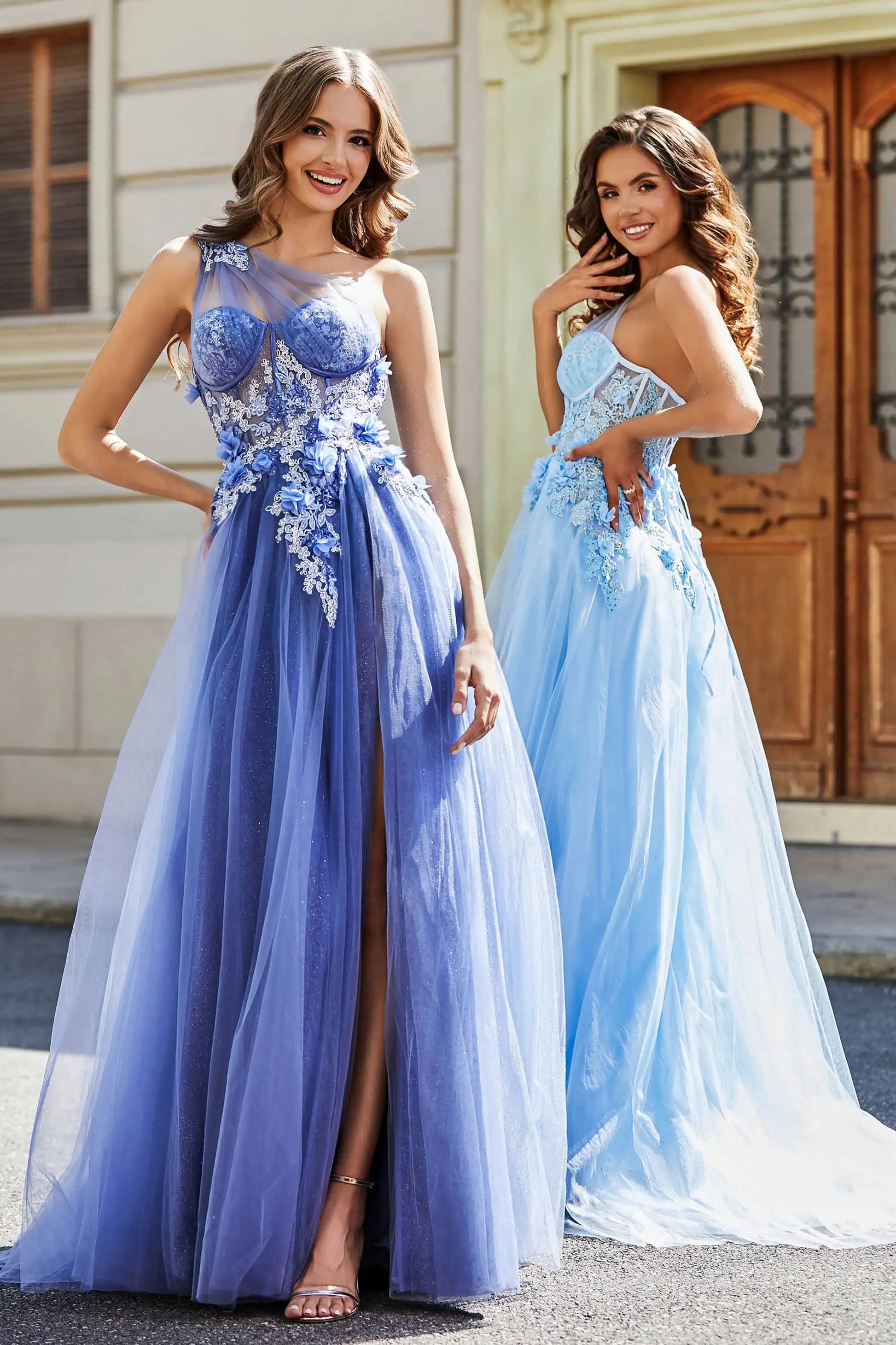 One-Shoulder A-line Long Graduation Dresses Tulle Sweetheart High Slit Backless Prom Gowns 3D Floral Appliques Princess Dress