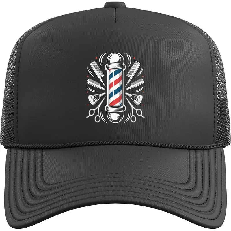 Classic Barber Pole Scissors Comb Design Trucker Hat with Adjustable Mesh Back