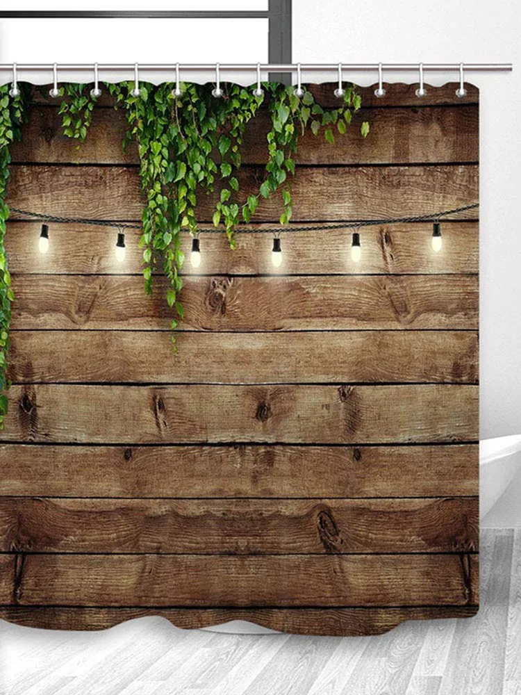 Vintage Rustic Wooden Board Door Shower Curtain, Green Leaves On Farmhouse Country Wood Plank, Waterproof Polyester Fabric