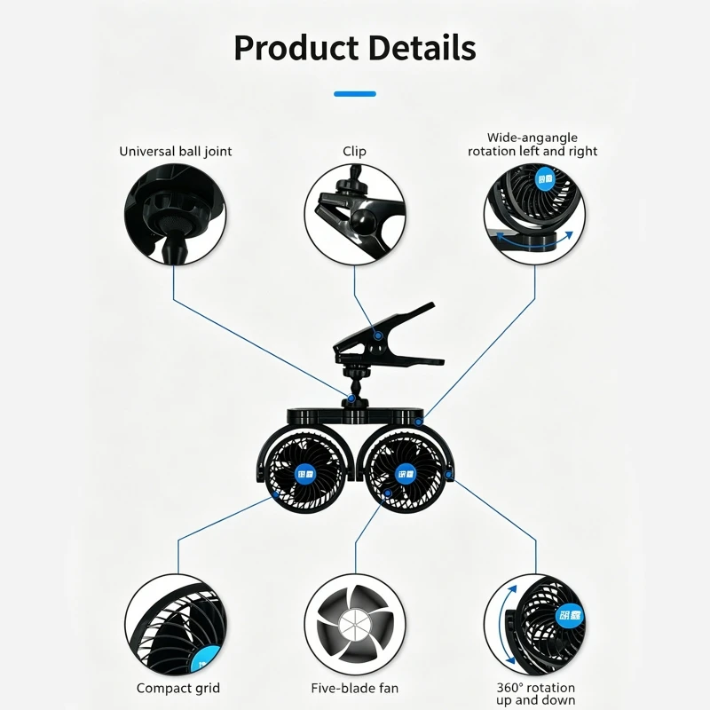 4 Inch Double Head Truck Car Fan Adjustable Speed For Long Drives Quick Airflows