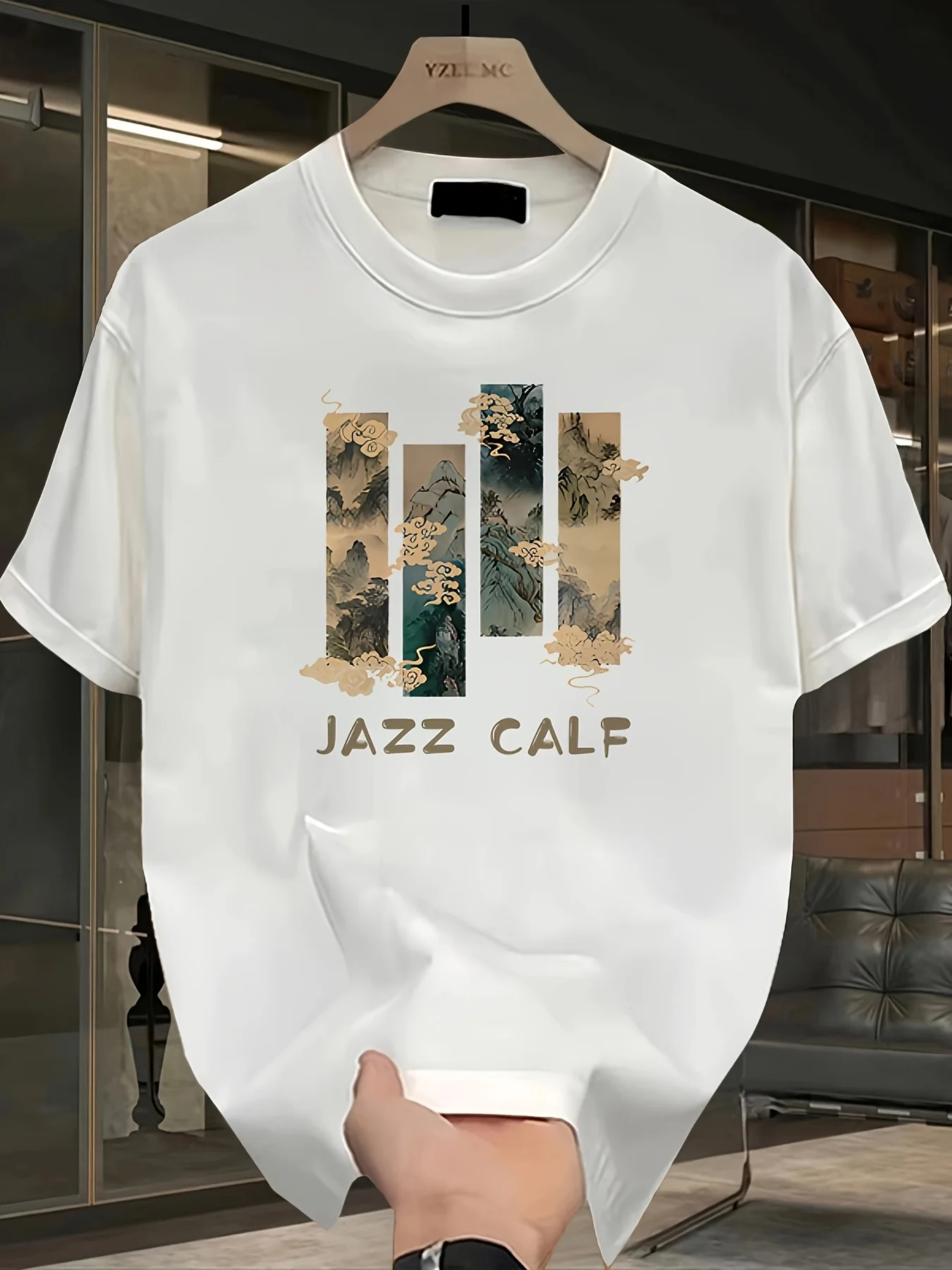 

Men's Graphic T-Shirt | Summer Casual Loose Fit Tee with Jazz Calf Letter Print & Mountain Landscape Design , Leisure Clothing