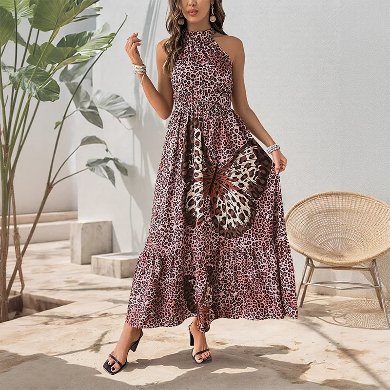 

2025 Summer Elegant Leisure Holiday Sleeveless Neck Butterfly Leopard Dress