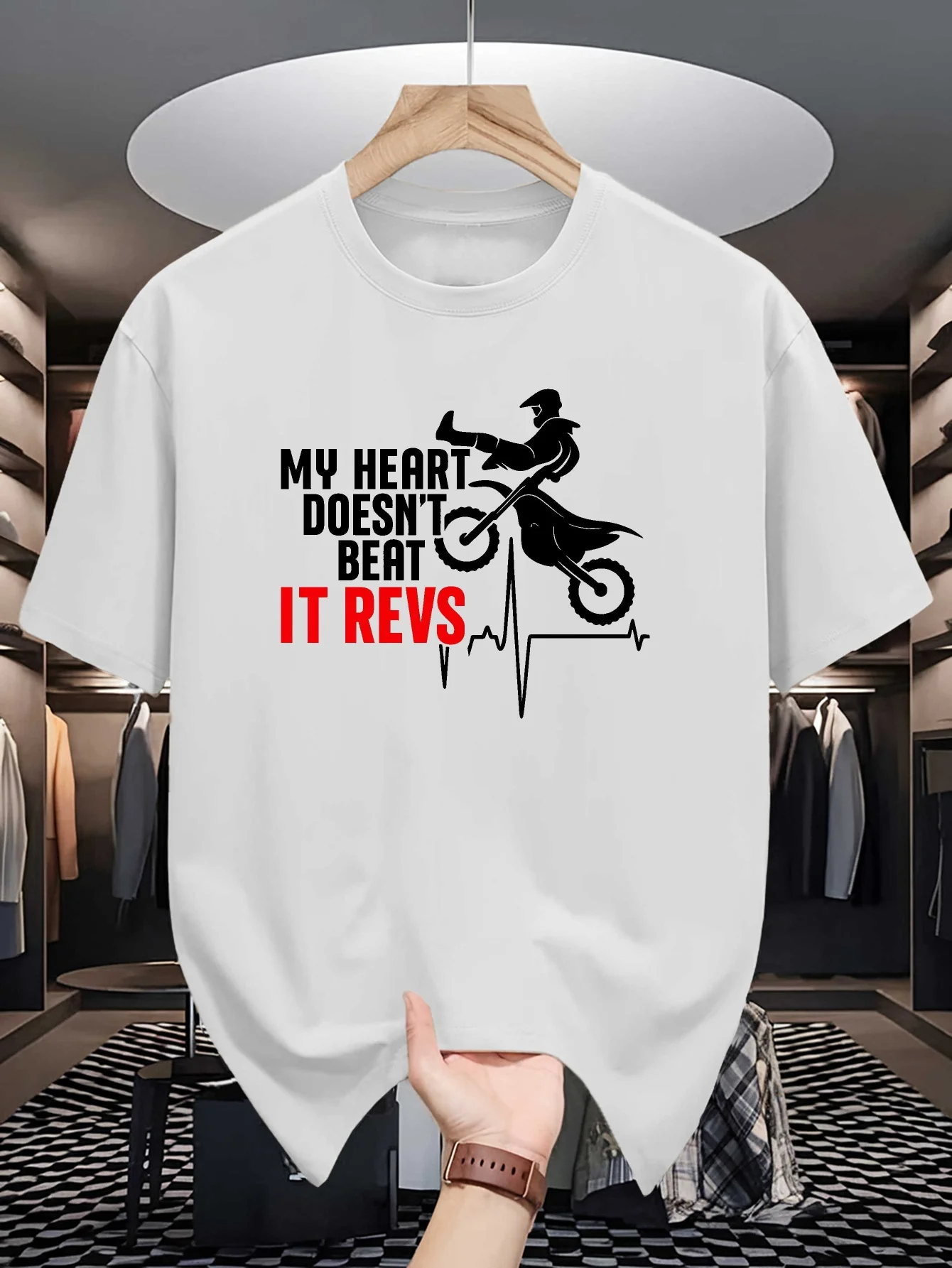 Mens Crew Neck T Shirt My Heart Does Not Beat It Revs Motocross Graphic Tee Casual Tops Dirt Bike Fans Summer Daily Outfit Gift