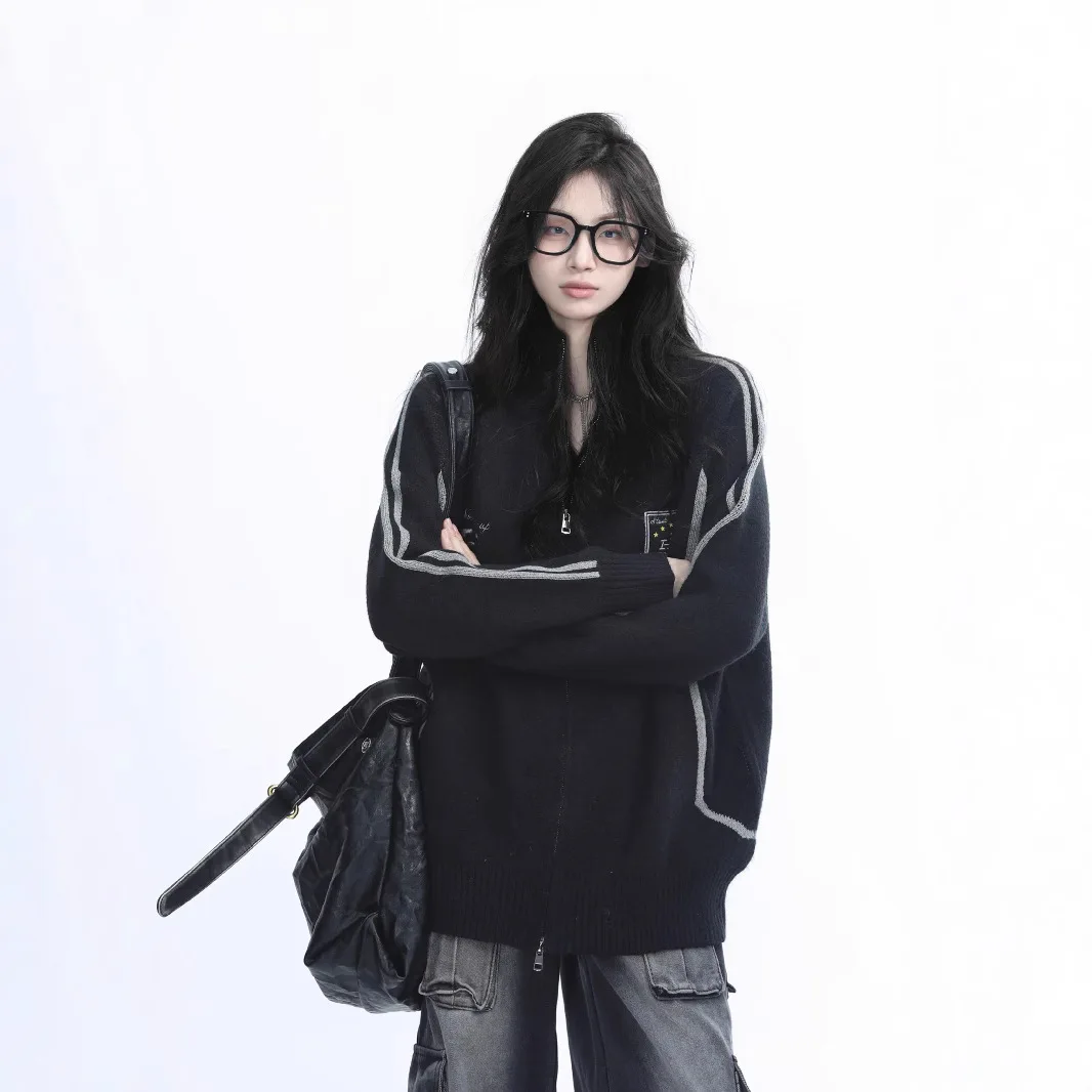 

Retro Street Style Black Knit Cardigan Unisex Autumn Winter Loose Trendy Casual Versatile Sweater Jacket