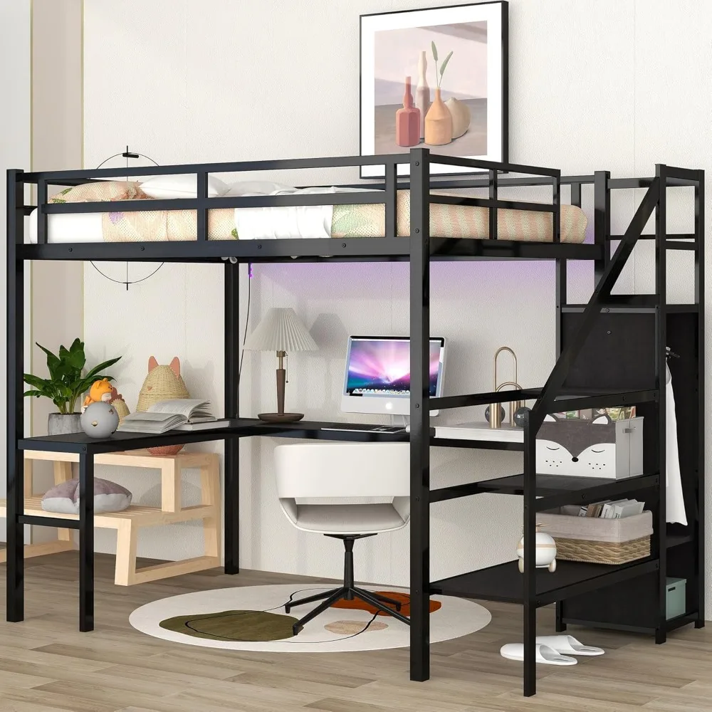 

Full Size Loft Bed with Desk, Storage Stairs and Wardrobe, Full Loft Bed with Charging Station and RGB LED Light, Metal Loft Bed