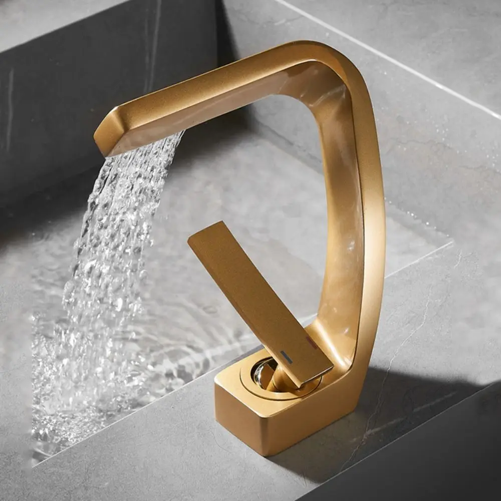 

Matte Golden White Basin Faucet Brushed Gold Single Handle Mixer Tap Black Chrome Contemporary Design Waterfall Tap Basin Sink