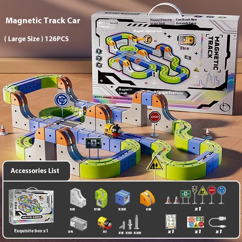 

Магнитный автомобильный STEM Монтессори, гоночный автомобиль, набор железнодорожных дорожек, моторизованный поезд и гравитационный лабиринт, игрушка, детский рождественский подарок
