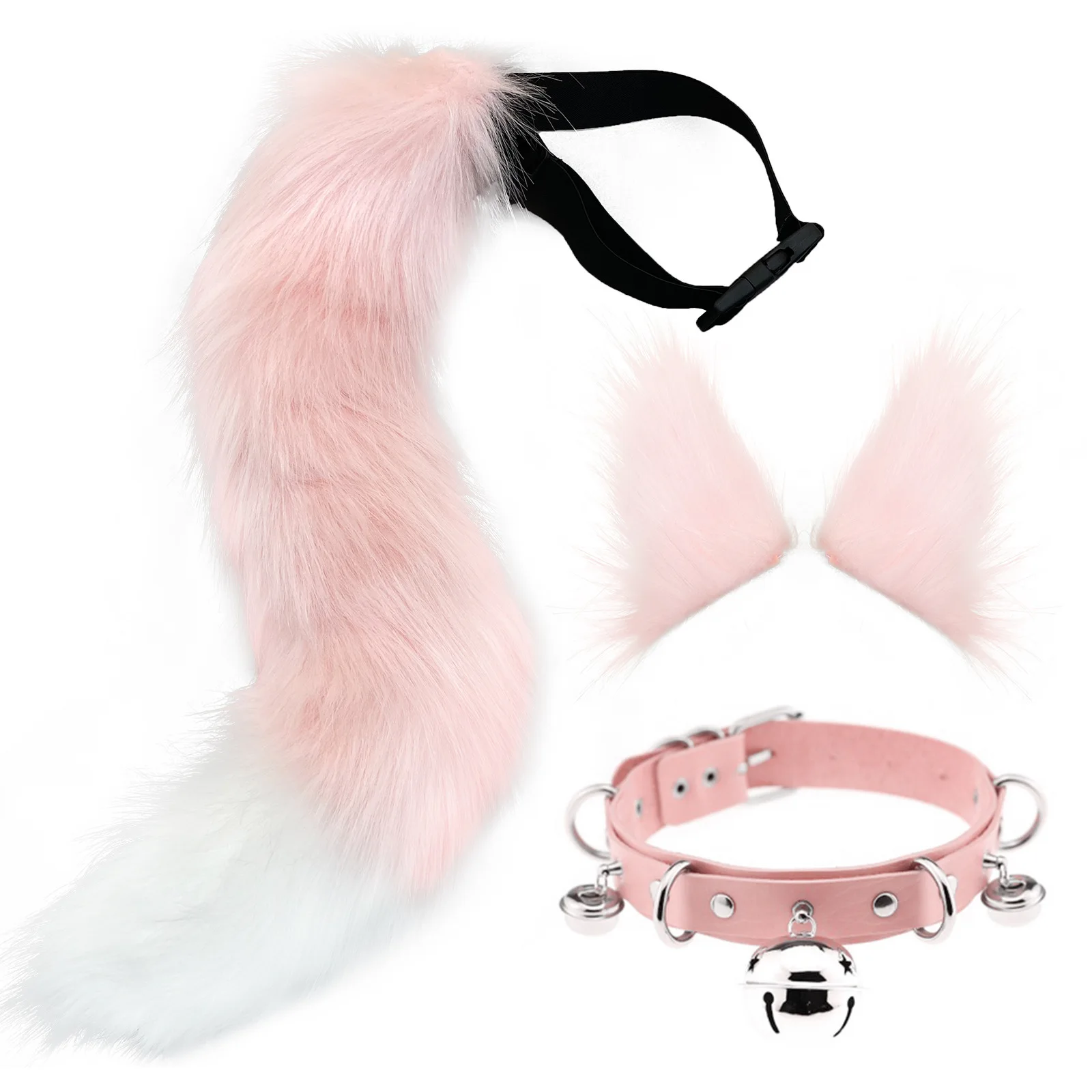 Fluffy Animal Fox Ears Headband Furry CAT Ears Hair Hoop Necklace 60cm Tail Set Leather Choker for Halloween Party Fancy Dress