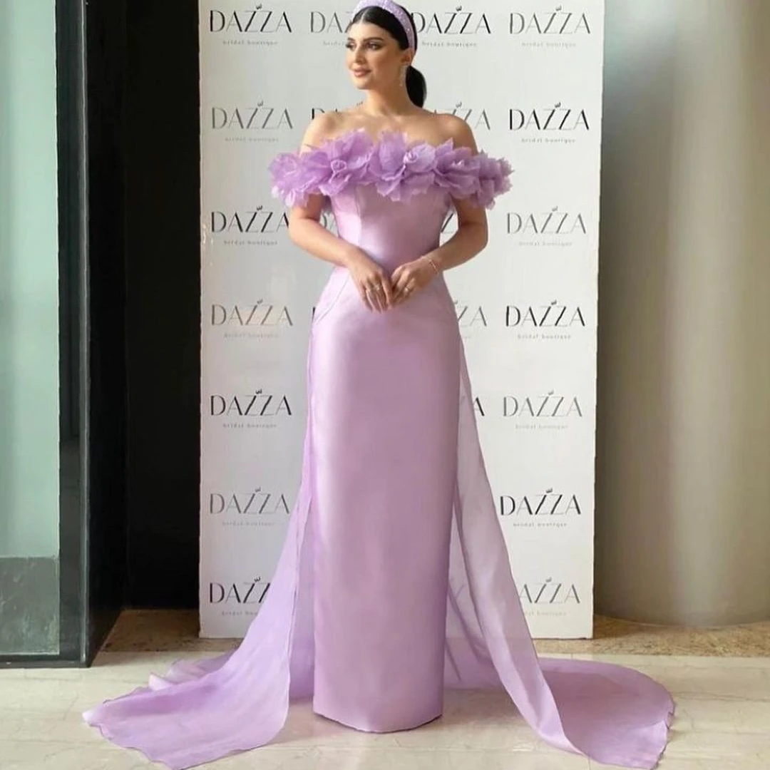 

Lovestory Vestidos De Gala Prom Dress Saudi Arabia Flowers Bateau Neck Evening Party Gown with Long Train Formal Banquet Dresses