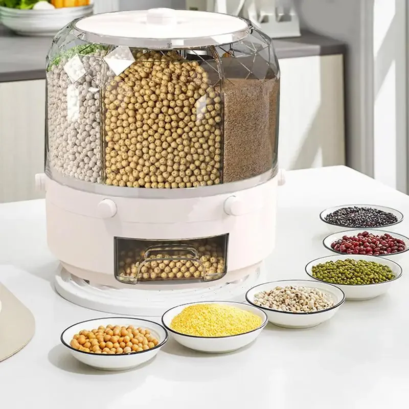 

Rotating Grain Dispenser 6-Grid Cereal Rotating Bucket Rotatable Transparent Rice Storage Bucket For Countertop Cutlery Racks