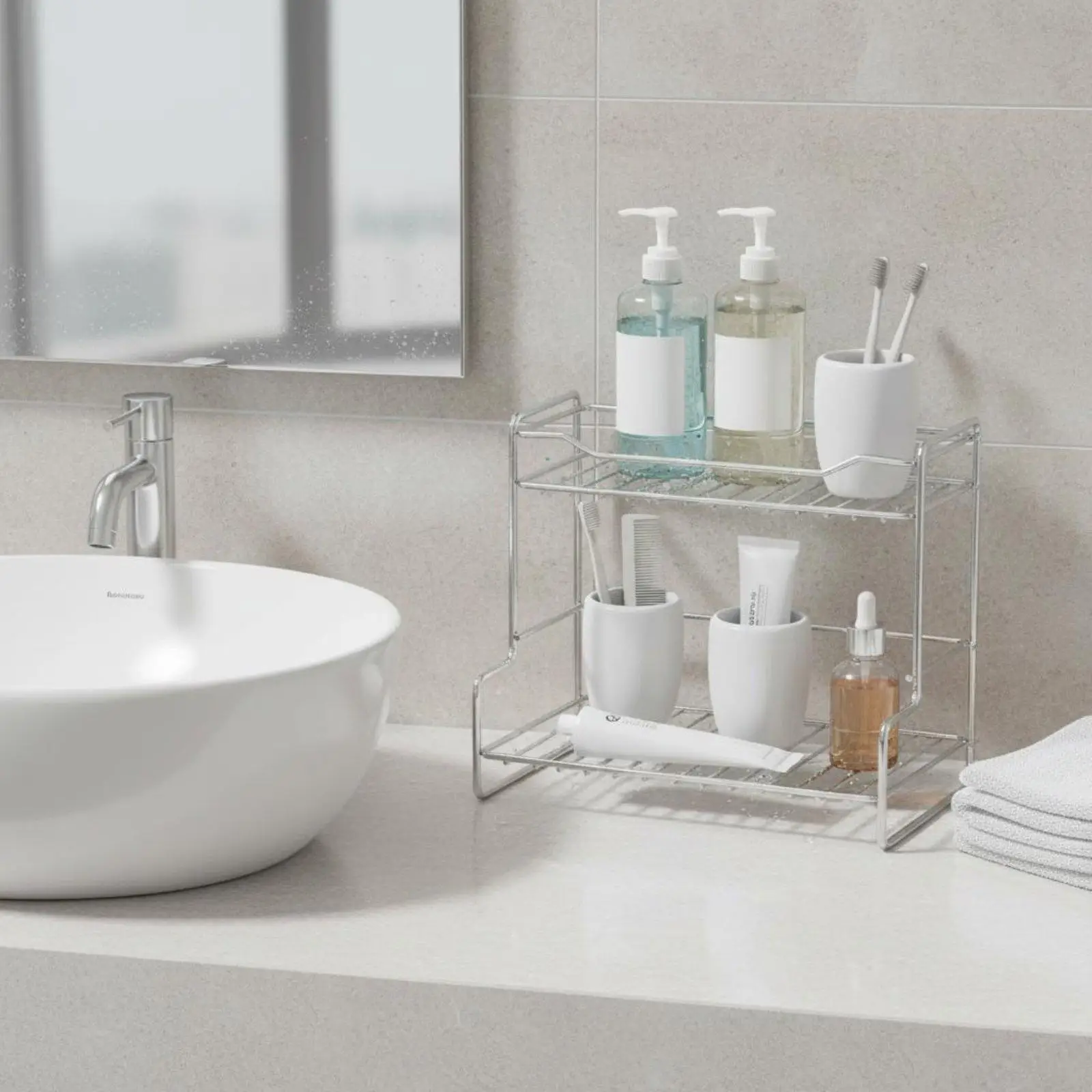 2 Tier Rust Resistant Metal Shelf for Bathroom Skincare Storage and Kitchen Counter Organization